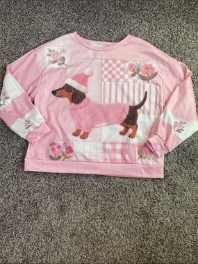 Womens 1X Pink Dachshund Patchwork Crewneck Sweatshirt plus size santa dog